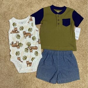 Carters 9 months 3 piece set outfit tigers jungle theme baby boys shirt shorts